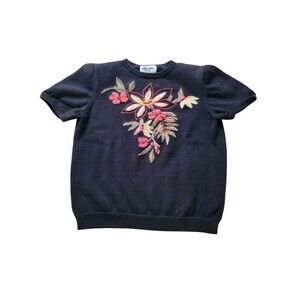 Womens Petite Small Alfred Dunner Short Sleeve Sweater Black Embroidered Beaded